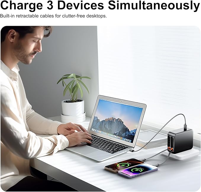 3 in 1 Retractable Wall Charge with Dual Cables, 35W USB C Charger Block with Foldable Plug, 62W Power Adapter Fast Charging for iPhone 16/15/14/13/12/11 Series, Pad, LG, Samsung and More
