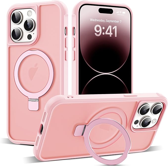 Compatible with iPhone 14 Pro Max Case with Invisible Magnetic O-Ring Stand Military-Grade Translucent Case for iPhone 14 ProMax 6.7" [Compatible with Mag-Safe][Great Grip Feeling], Pink