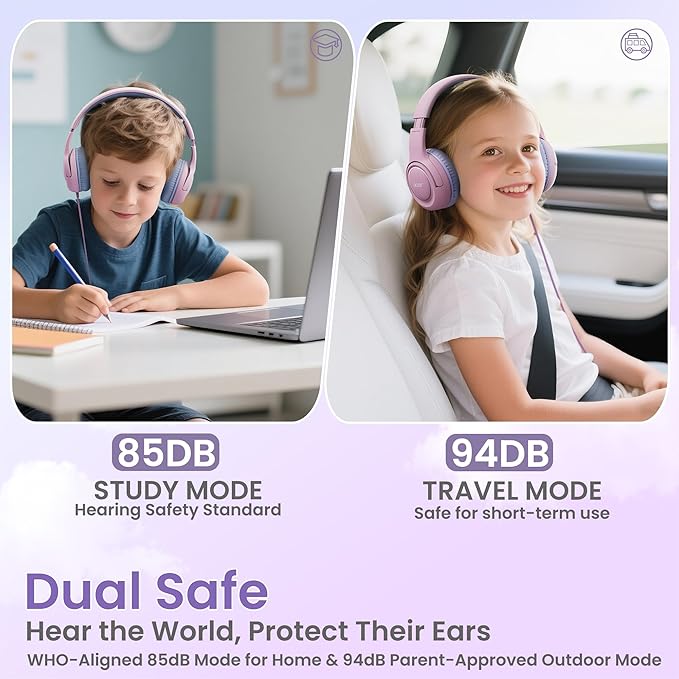 acer Kids Headphones Wired for School - Over-Ear 85/94dB Volume Limiter 3.5mm Jack Foldable Stereo Sound Headset for Toddlers Girls Boys Travel Learning Entertainment Tablet Kindle iPad PC,Pink Purple