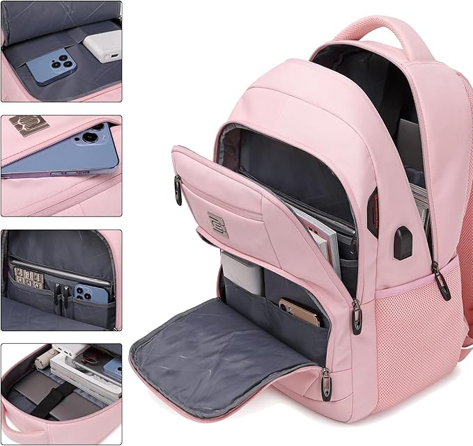 Laptop Backpack,Business Travel Anti Theft Slim Durable Laptops Backpack with USB Charging Port,Water Resistant College Computer Bag for Women & Men Fits 15.6 Inch Laptop and Notebook-Light Pink