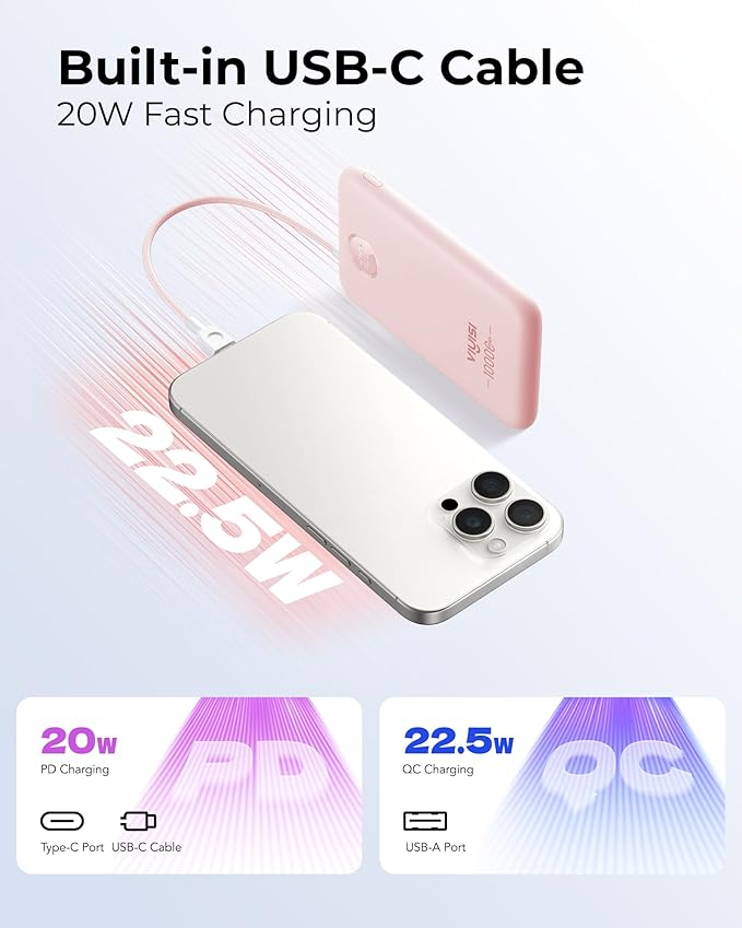 Slim Portable Charger 10000mAh, Travel Power Bank with Built-in USB-C Cable & LED Display, 22.5W Fast Charging Battery Pack Compatible with iPhone 16 15 Samsung S24 S23 -Pink