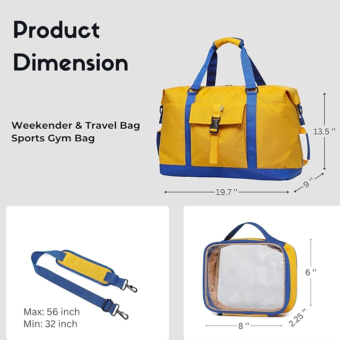 SUNNY BIRD Duffel with Utility Pouch, 40L Weekender Overnight Bag with Shoe Compartment for Travel and Sports (Yellow and blue)