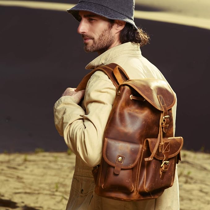 Backpack for Men Women Vintage Crazy Horse Full Leather Travel Daypack 15.6" Laptop Rucksack