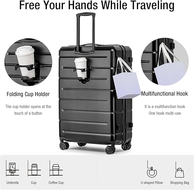 KYME Luggage Sets 3 Piece Hard Shell 22in/26in/30in Suitcases with Wheels Hardside Suitcase Set with TSA Lock Travel Rolling Luggage Set for Women Men Black