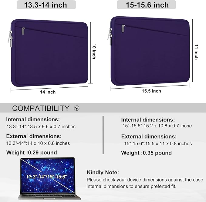 15.6 inch Laptop Sleeve Case, Durable Computer Carrying Bag Protective Case Briefcase Handbag with Front Pocket, Slim Laptop Case Cover for 15.6 Inch HP, Dell, Lenovo, Asus, Notebook, Purple