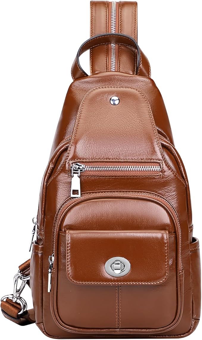 Over Earth Genuine Leather Sling Bag for Women Men Small Crossbody Purse Causal Hiking Chest Backpack (O212E Brown)