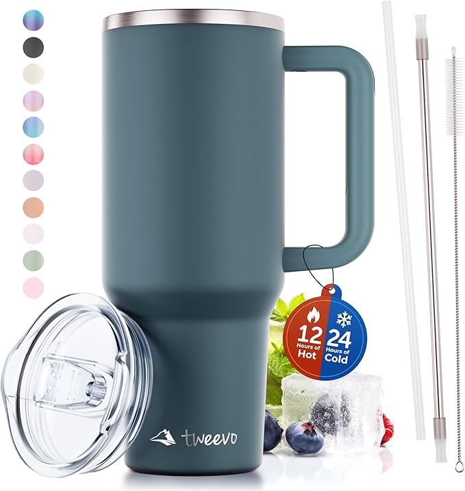 40 oz Tumbler With Handle and Straw Made of Stainless Steel - Double Wall Vacuum Insulated Tumbler With Lid - Sweat Proof Easy Grip, BPA-Free, Dishwasher Safe Tumbler (Charcoal)