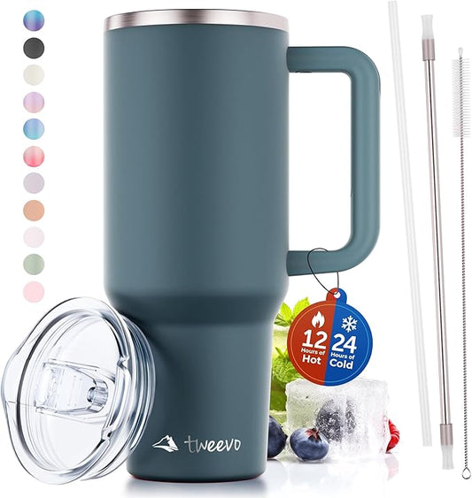 40 oz Tumbler With Handle and Straw Made of Stainless Steel - Double Wall Vacuum Insulated Tumbler With Lid - Sweat Proof Easy Grip, BPA-Free, Dishwasher Safe Tumbler (Charcoal)