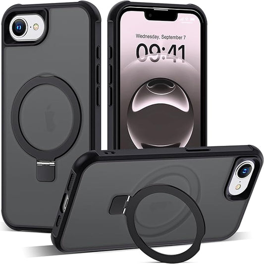 Compatible with iPhone 16E Case with Invisible Magnetic O-Ring Stand Military-Grade Translucent Case for iPhone 16E 6.1" 2025 [Compatible with Mag-Safe][Great Grip Feeling], Black