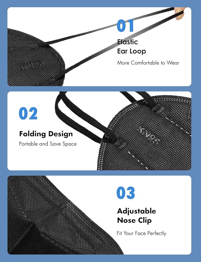 HUHETA Individually Wrapped 60 Packs KN95 Face Masks, 5-Ply Breathable and Comfortable Filter Safety Mask with Elastic Earloop and Nose Bridge Clip, Protective Masks for Indoor and Outdoor (Black)