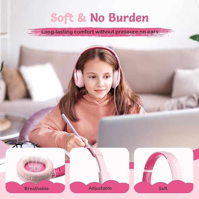 Kids Wired Headphones with Microphone, Volume Limited to 85/94dB Pink Earphone for Girls, Foldable 3.5mm Jack Headset for School & Travel, Includes Portable Case