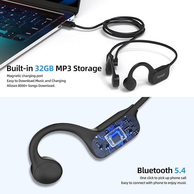 Tayogo Swimming Headphones, IPX68 Waterproof Bone Conduction Headphone Bluetooth 5.4, Open Ear Headset,32G of MP3 Player, Running, Cycling, Earbuds Underwater