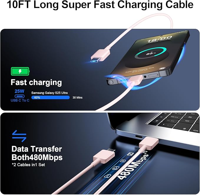 Super Fast Charger Type C, 25W USB C Wall Charger Fast Charging for Samsung Galaxy S25 Ultra/S25/S25+/S24+/S24 Ultra/S24/S24+/S23 Ultra/S22 Ultra/S21 Ultra with 10FT Long Type C Charger Cable 2Pack