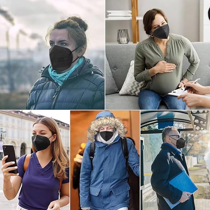 100PCS KN95 Black Face Masks 5 Layer Filter Efficiency≥95% with Elastic Ear Loop and Nose Bridge Clip Breathable Mask