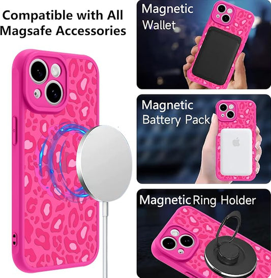 KANGHAR Case for iPhone 15 Hot Pink Leopard Printed Pattern Cute Cheetah [Compatible with Magsafe] Protective Magnetic Case for Girls Women 6.1"