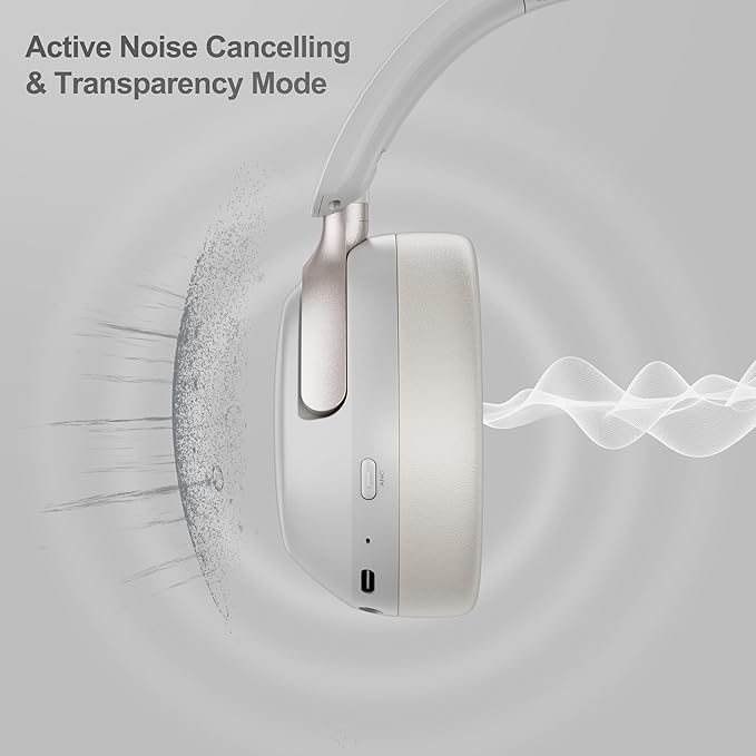 LORELEI QC30 Hybrid Active Noise Cancelling Headphones, 60H Playtime, Built-in Mic, Wireless Over Ear Headsets with Case,Bluetooth 5.4,Deep Bass Comfort Fit Soft-Earpads Fast Charging -White Smoke