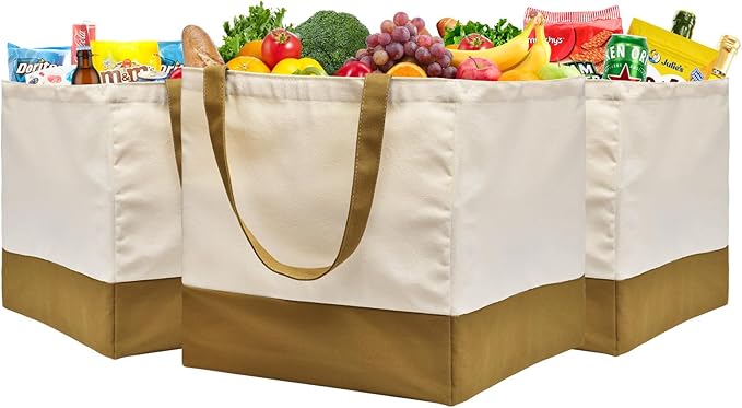 3 Pack Reusable Grocery Bags - Heavy Duty, Foldable Large Canvas Tote Bags with Handles, Holds 60 lbs, Washable Eco-friendly Bags with 5 Pockets, Camel + Off White