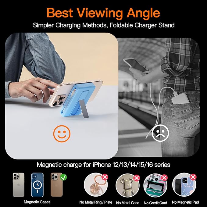 2025 Magnetic Battery Pack 16800mAh Mobile Power Bank, Portable Charger with Foldable Stand and Built-in Cable, 20W USB-C Fast Charging, Suitable for iPhone 17/16/15/14/13/12 Series