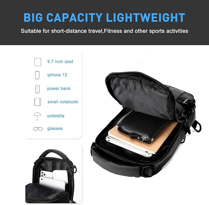 Anti Theft Sling Crossbody Backpack Shoulder Bag for Men, Lightweight One Strap Motorcycle Back pack Sling Bag Backpack for Hiking Walking Biking Travel Cycling with USB Charger Port