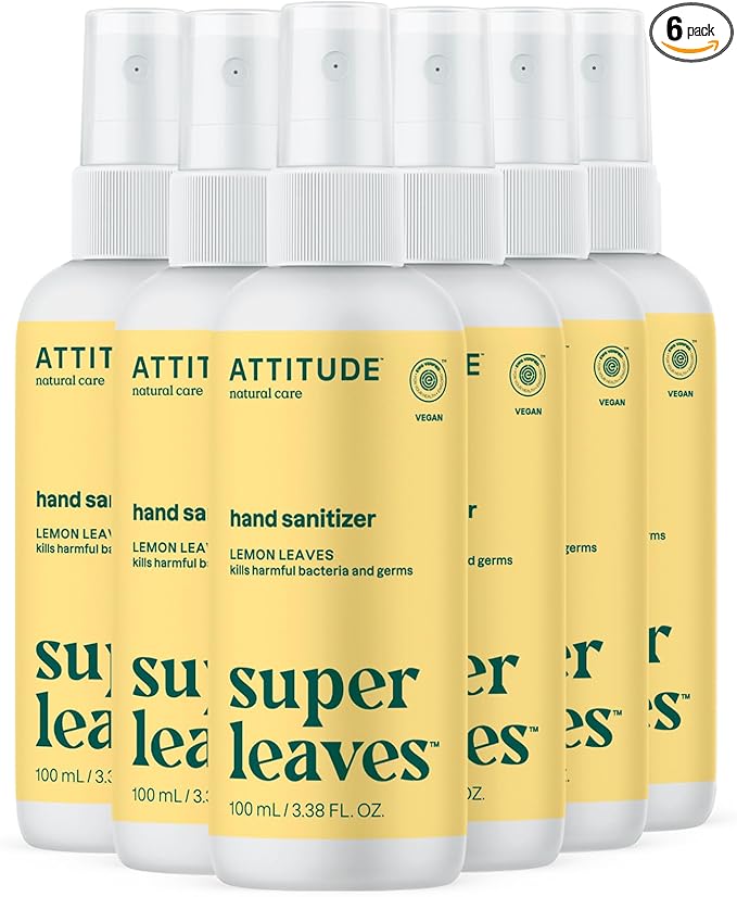 ATTITUDE Hand Sanitizer Spray for Adults and Kids, EWG Verified, Kills Bacteria and Germs, Vegan, Lemon Leaves, 3.38 Fl Oz (Spray Bottle) (Pack of 6)