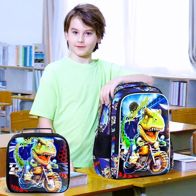 CCJPX 3PCS Dinosaur Backpack for Boys, 16 Inch Kids Water Resistant Preschool Bookbags with Lunch Box, Cool School Bag for Kindergarten Toddler