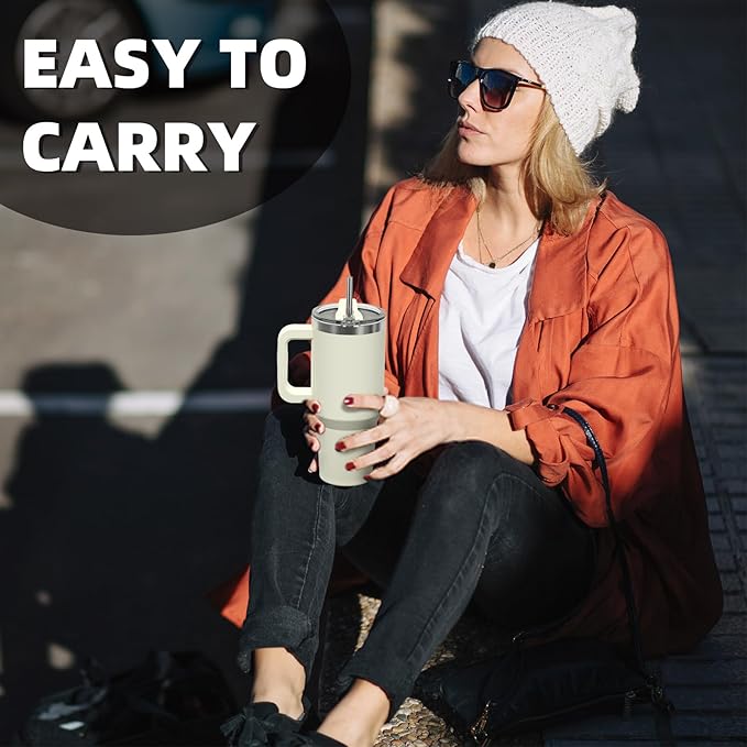 30 oz Tumbler with Handle,Tumbler with Lid and Straw,Double Wall Insulated Cup Stainless Steel Travel Mug(Cold for 34 Hours),Water Bottle for Iced Tea,Coffee,Cold Beverages(Cream White)