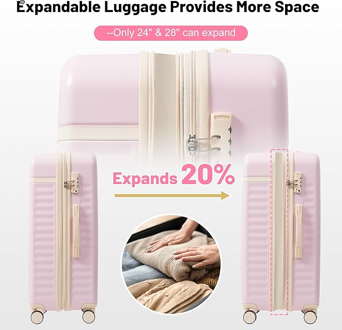 Merax Luggage Sets Front Opening, 2 Piece Hardshell Suitcase with Spinner Wheels and Bags,Lightweight Carry on Luggage with USB Port,20+24,Pink