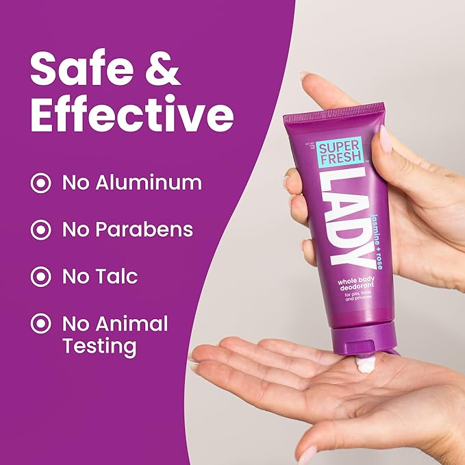 Super Fresh Lady Whole Body Deodorant for Women Twin Pack Aluminum Free Lotion for Privates Body and Skinfolds Stops Odor Jasmine Rose Scent Feminine Hygiene Two 4 oz Tubes for Daily Use