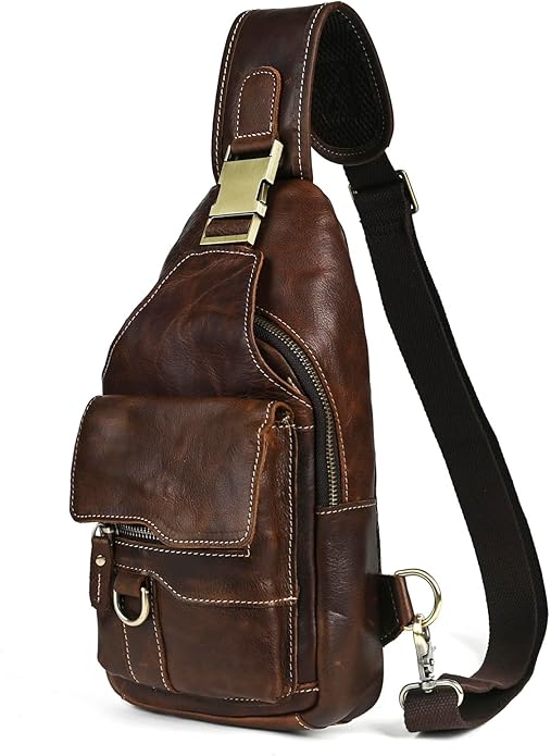 Genuine Leather Hiking Travel DayPack Sling Crossbody Triangle Chest Pack Bag For Men Women 8241