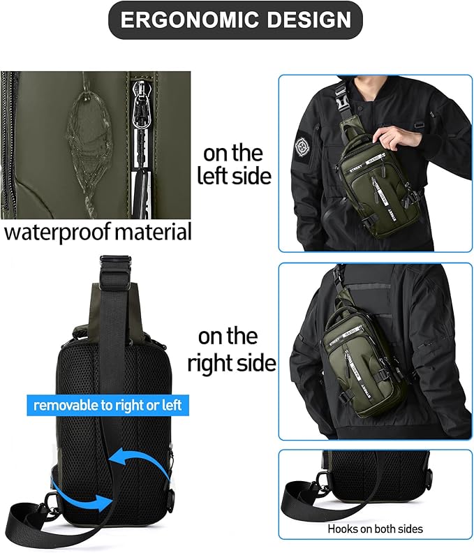 Small Sling Crossbody Backpack Shoulder Bag for Men, Lightweight One Strap Backpack Sling BacK pack for Hiking Walking Biking Travel Cycling USB Charger Port-Nylon (Olive Green)