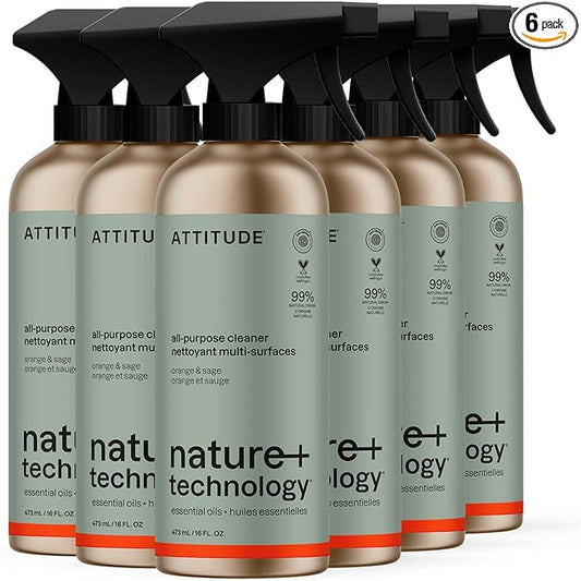 ATTITUDE Multi-Purpose Cleaner with Essential Oils, EWG Verified, Plant and Mineral-Based Ingredients, Vegan Household Products, Refillable Aluminum Bottle, Orange and Sage, 16 Fl Oz (Pack of 6)