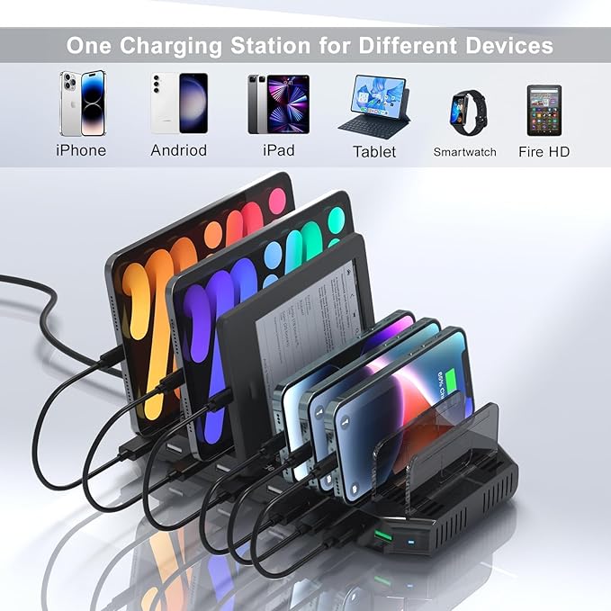 Multi USB Charging Station for Multiple Devices, 60W 10 Ports Multi Charger Station with QC3.0 Port & Adjustable Dividers Compatible with Tablets, Smartphones