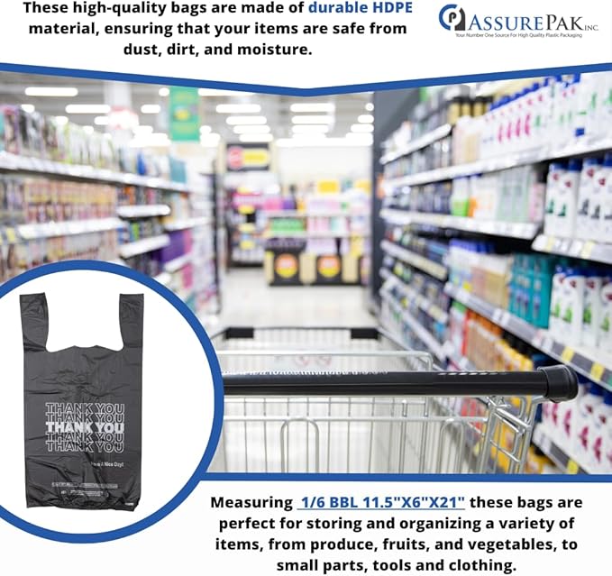 Easy Open - 800 Bags - Black Printed HDPE T-Shirt Bags - 1/6 BBL 11.5"X6"X21" - 13 microns - Black - Thank You Shopping Bags for Retail, Takeout, Restaurant Supplies – 208015STY-EO