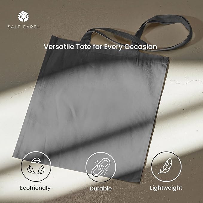 Salt Earth Pack of 5 | 6 | 12 | 24 | 48 – 100% Cotton Reusable Tote Bags – Bulk Grocery, Shopping, DIY, Beach & Gift Use