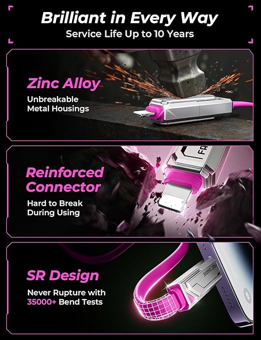 [2025 Upgrade] 4-in-1 USB C Cable 60W 5FT Compatible With Lightning Cable [Fast Charging & Data Transfer] Flat Type C/A to C/L Cord for iPhone/iPad, Multi Charger Wire Combo for All Devices (Pink)