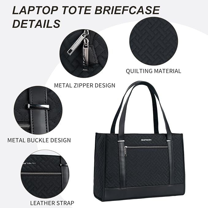 EMPSIGN Laptop Tote Bag for Women 16 Inch, Stylish Computer Shoulder Tote Bag for Work, Large Capacity Quilted Laptop Briefcase, Waterproof Women Business Office Bag, Quilted Black