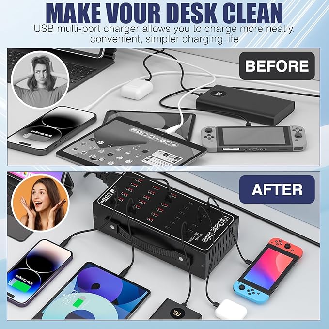 Multiport USB C Charger Block RISWOJOR, 150W (30A) 30 Port USB Charging Station with Auto Detect, Multi USB Charger Station with Type-C 3A for Smartphone Tablets Multiple Devices