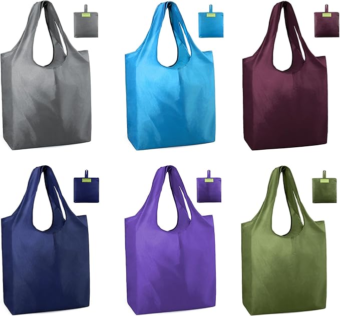 BeeGreen Colorful Reusable Grocery Bags 6 Pack, Heavy Duty Totes for Women, Foldable Grocery Bag Large Shopping Totes with Handles for Work, Travel, Gift, Store, Polyester Washable Reusable Tote Bag
