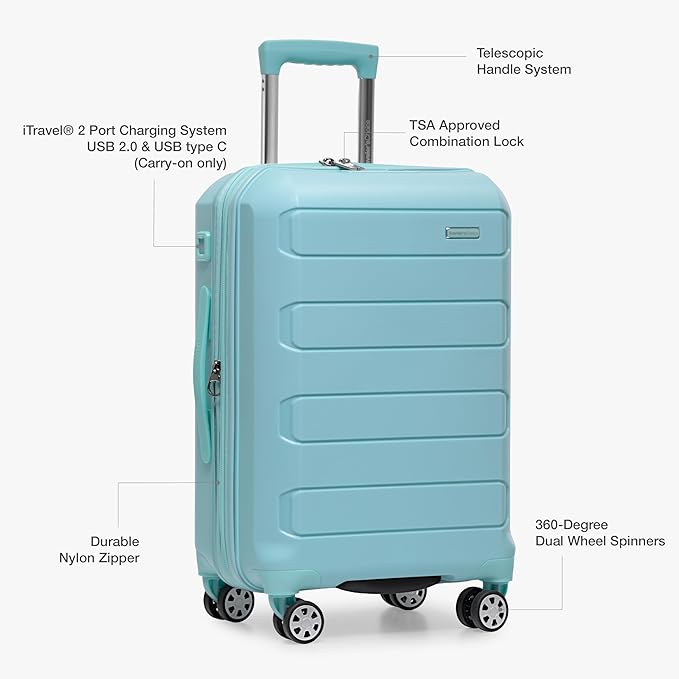 Traveler's Choice Pagosa Indestructible Hardshell Expandable Spinner Luggage, Baby Blue, 3-Piece Set (22/26/30)