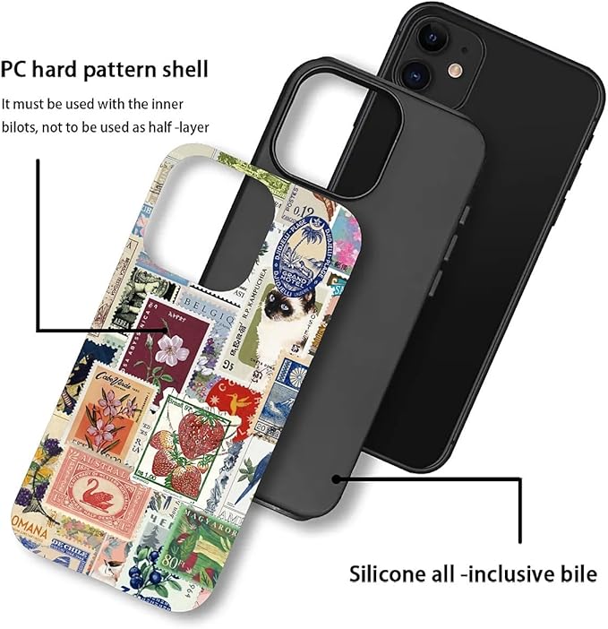 Case for iPhone 11,Vintage Stamp Collage for Woman Men Full Body Protective Cover Shockproof 2 in 1 Silicone + Hard PC Case for iPhone 11