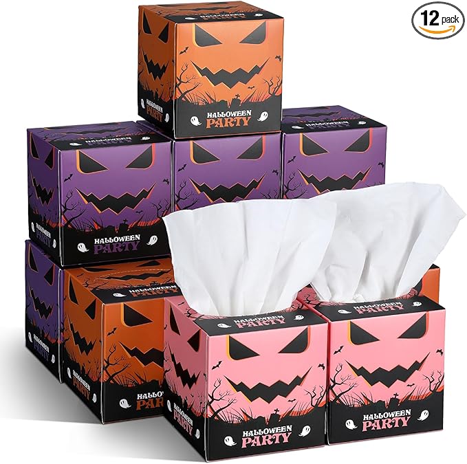 12 Pack Halloween Facial Tissues Cube Face Boxes 600 Sheets 3 Ply Small Ghost Square Tissues Bulk for Halloween Party Car Bedroom Supplies
