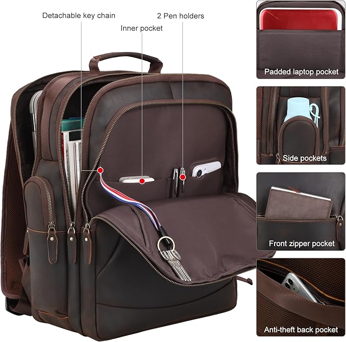 TIDING Full Grain Leather 17.3 Inch Laptop Backpack for Men Large Capacity Travel Weekender Camping Daypack Rucksack