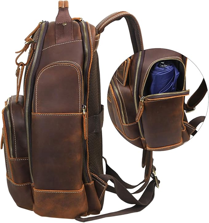 LANNSYNE Men's Vintage Full Grain Leather 15.6 Inch Laptop Backpack Camping Travel 24L Rucksack