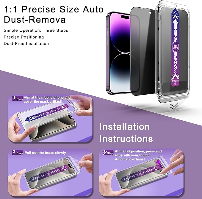 CHISHA 2-Pack Privacy Screen Protector for iPhone 16 Plus and iPhone 15 Plus and iPhone 14 Pro Max 6.7-Inch, Auto Dust Removal, No Bubbles,Anti-Spy Tempered Glass Film, Easy Installation