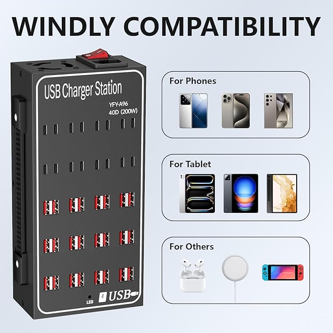 Multiple USB Charging Station, RUANSZZ 40 Port 200 Watt (40A) USB~C Charger Block with Power Switch, Multiple USB Desktop Charger Station, Suitable for Shops, Hotels, Schools, Shopping malls