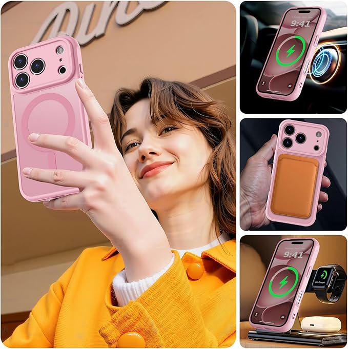 MOCCA Strong Magnetic Compatible with iPhone 17 Pro Max Case [Compatible with Magsafe] [Full Camera Protection] Slim Translucent Matte Shockproof Phone Case Cover 6.9",Pink