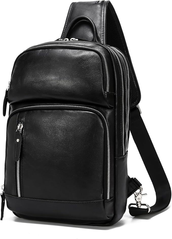 LANNSYNE Full Grain Leather Sling Bag For Men, Crossbody Bag fits 12.9" iPad Crossbody Chest Daypack