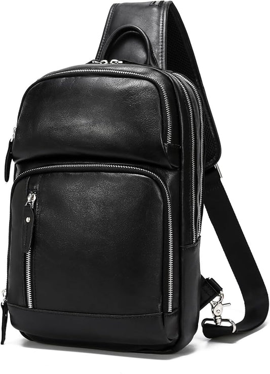 LANNSYNE Full Grain Leather Sling Bag For Men, Crossbody Bag fits 12.9" iPad Crossbody Chest Daypack