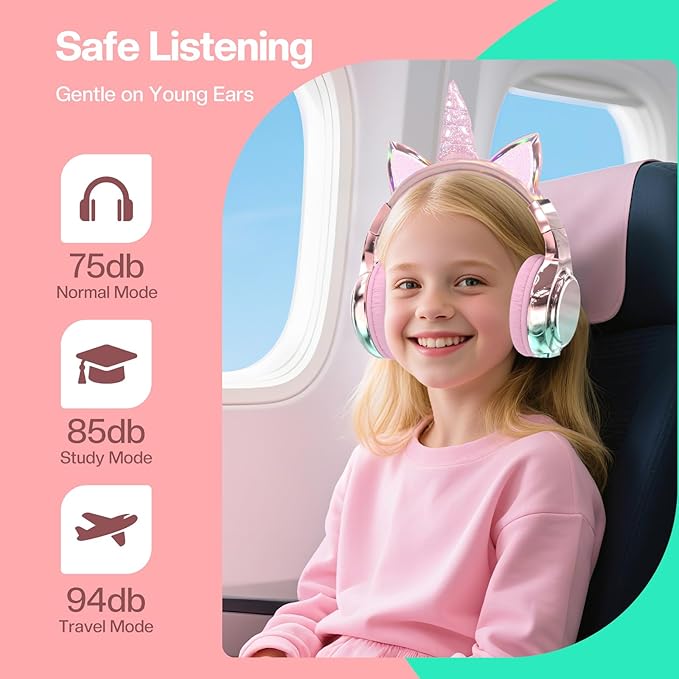 QearFun Kids Cat Ear Bluetooth Headphones, 60H Playtime, 74/85/94dB Safe Volume Limit, Metallic Gradient Wireless Headset with Mic, Fast Charging, Foldable, Wired Mode for Girls School/Tablet/Travel