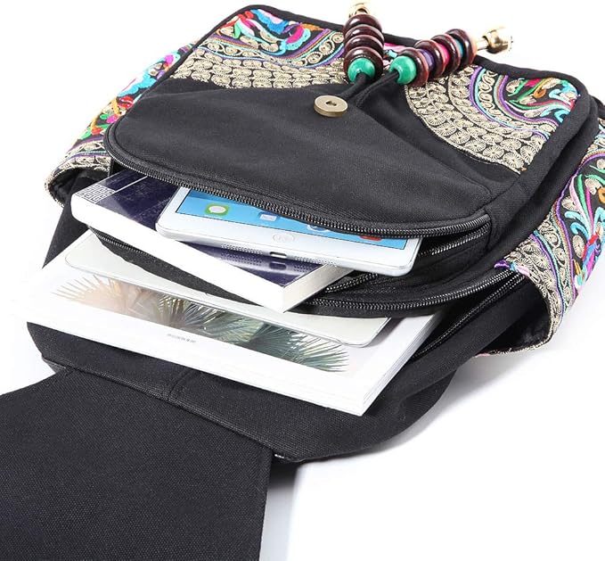 SILKAREA Vintage Embroidered Floral Ethnic Backpack Purse for Women Bohemian Handbag Shoulder Bag Travel Purse (Black S1)
